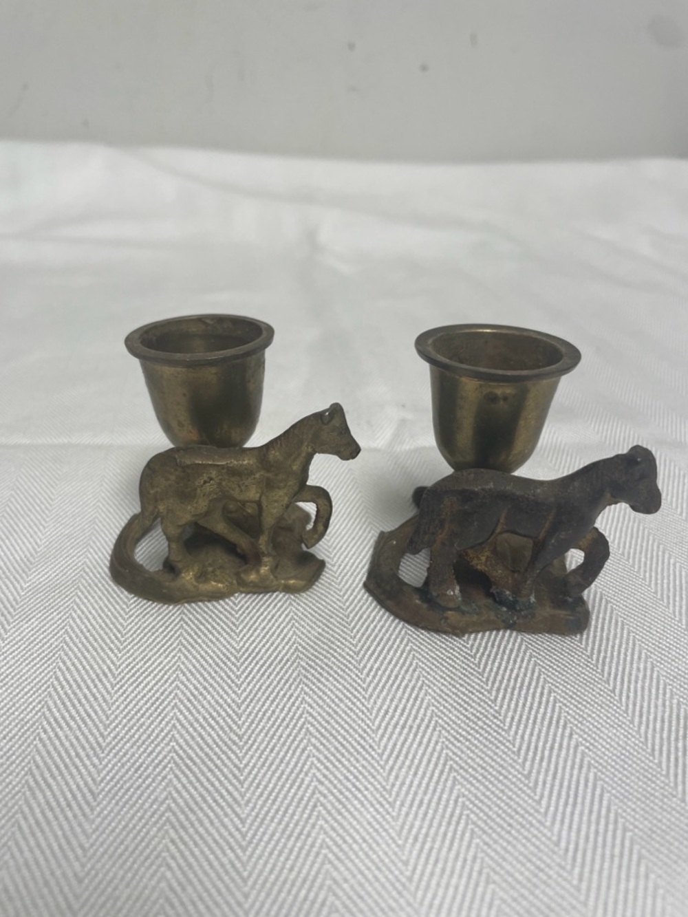 2 VTG Brass Horse Candle Holder Small Collectible Rustic Patina ENESCO Pair Set